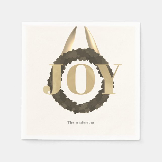 Simple Elegant JOY Greenery Wreath Paper Napkins (Front)