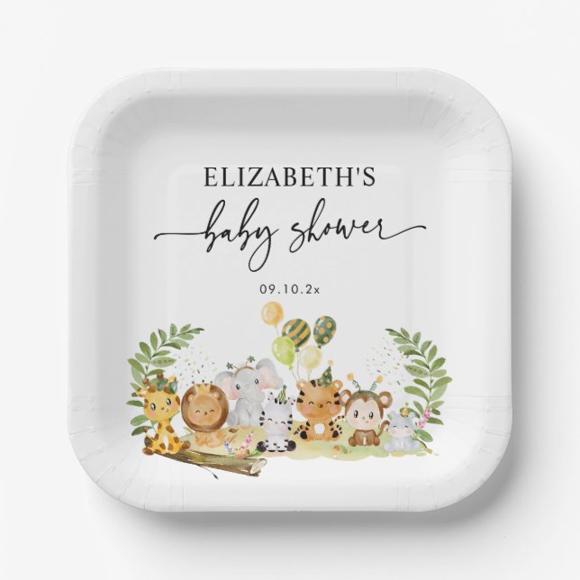 Simple Elegant Jungle Animals Baby Shower  Paper Plates (Front)