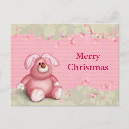 Simple Elegant Kids Teddy Pink Merry Christmas Holiday Postcard