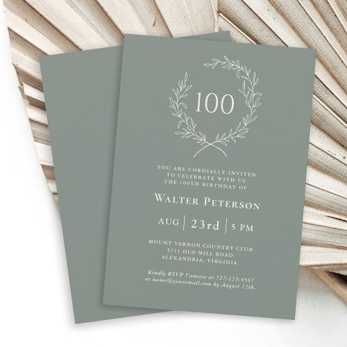 Simple Elegant Laurel Wreath 100th Birthday Invitation