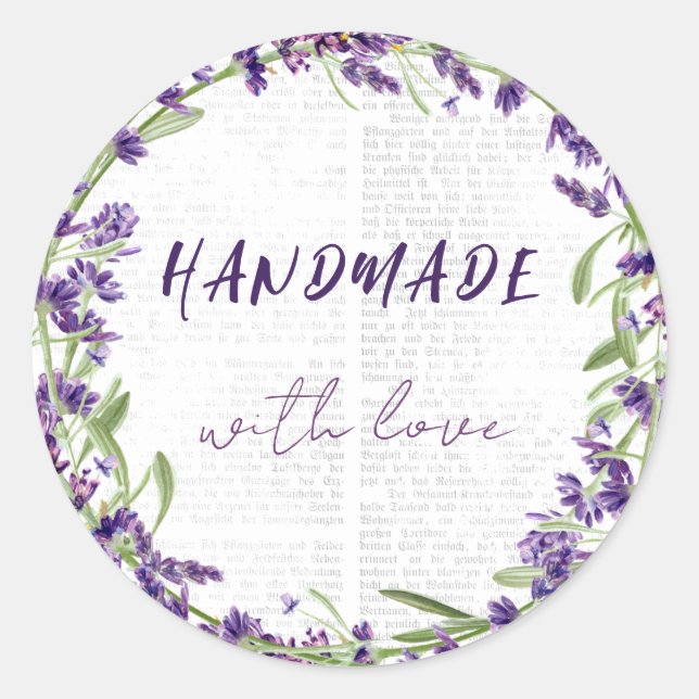 Simple Elegant Lavander Frame Handmade with Love Classic Round Sticker (Front)