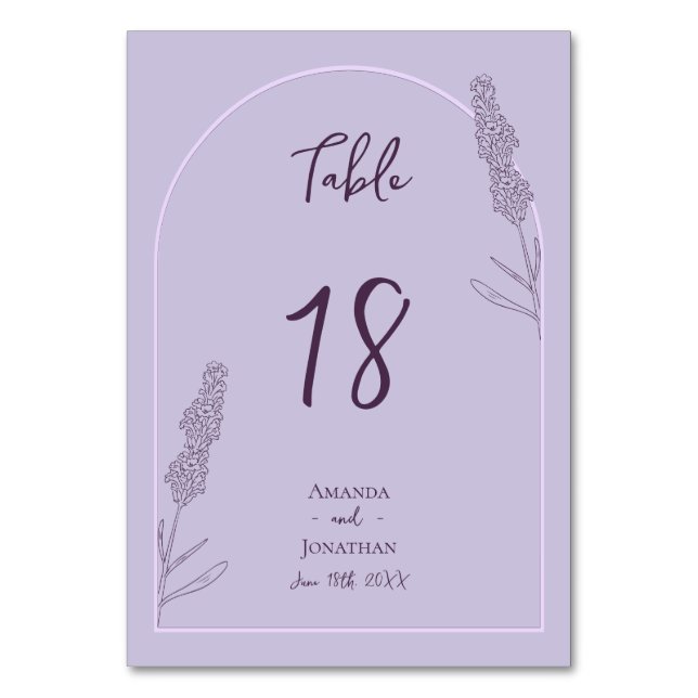 Simple Elegant Lavender Blooms Wedding Table Number (Front)