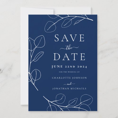 Simple Elegant Leaves Navy Blue Wedding Save The Date