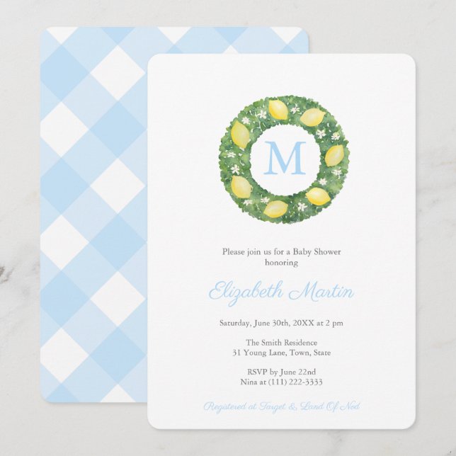 Simple Elegant Lemons Boy Baby Shower Party Invitation (Front/Back)