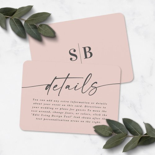 Simple Elegant Light Pink Wedding Details Enclosure Card