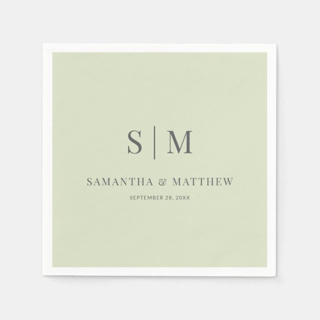 Simple Elegant Light Sage Green Monogram Wedding Napkins (Front)