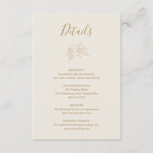 Simple Elegant Line Art Floral Gold Ivory Wedding Enclosure Card