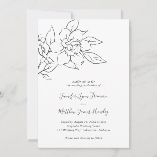 Simple Elegant Line Art Magnolia Floral Wedding Invitation