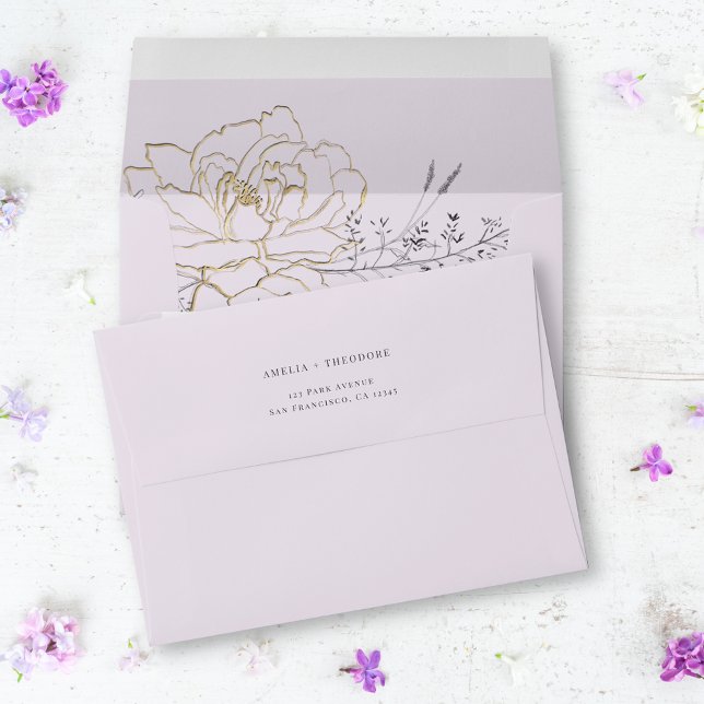 Simple Elegant Line Floral Lilac Gold Wedding Envelope (Creator Uploaded)