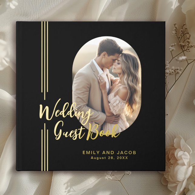 Simple Elegant Lines Oval Photo Wedding Foil Guest Book (Wedding Guest Book with Real Gold Foil details.)