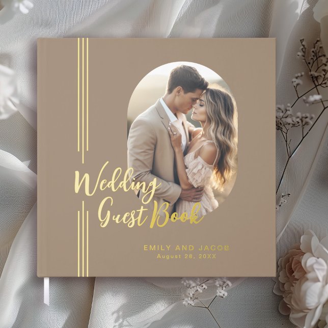 Simple Elegant Lines Oval Photo Wedding Foil Guest Book (Real gold foil details!)