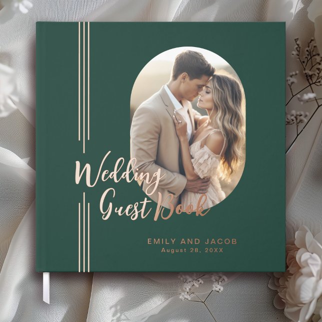 Simple Elegant Lines Oval Photo Wedding Guest Book (Real Foil Accents in Rose Gold.)