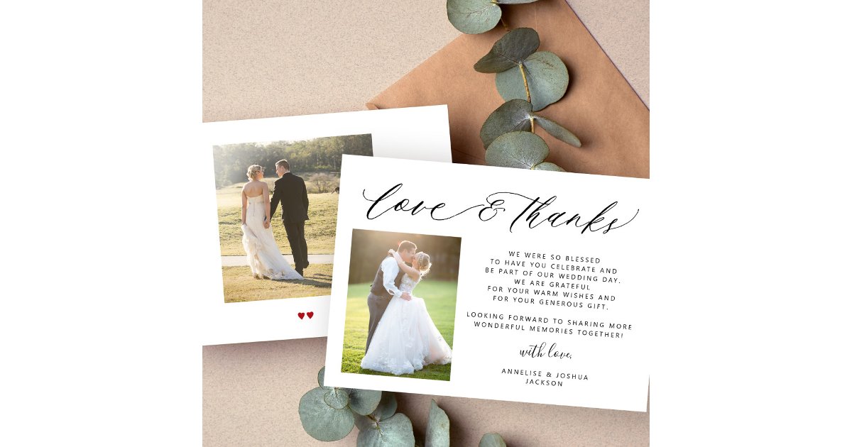 Simple elegant love and thanks 2 photos wedding thank you card | Zazzle