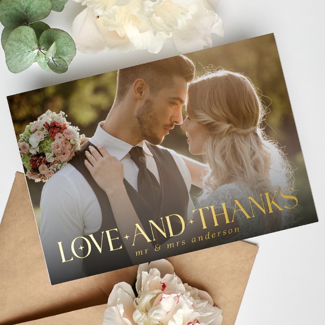 Simple Elegant Love and Thanks Photo Wedding Foil Holiday Postcard (Creator Uploaded)