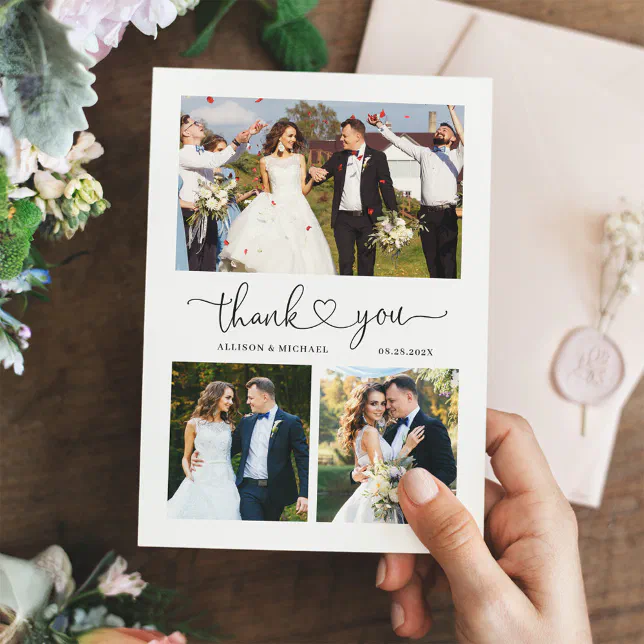 Simple Elegant Love Heart Script 4 Wedding Photo Thank You Card | Zazzle