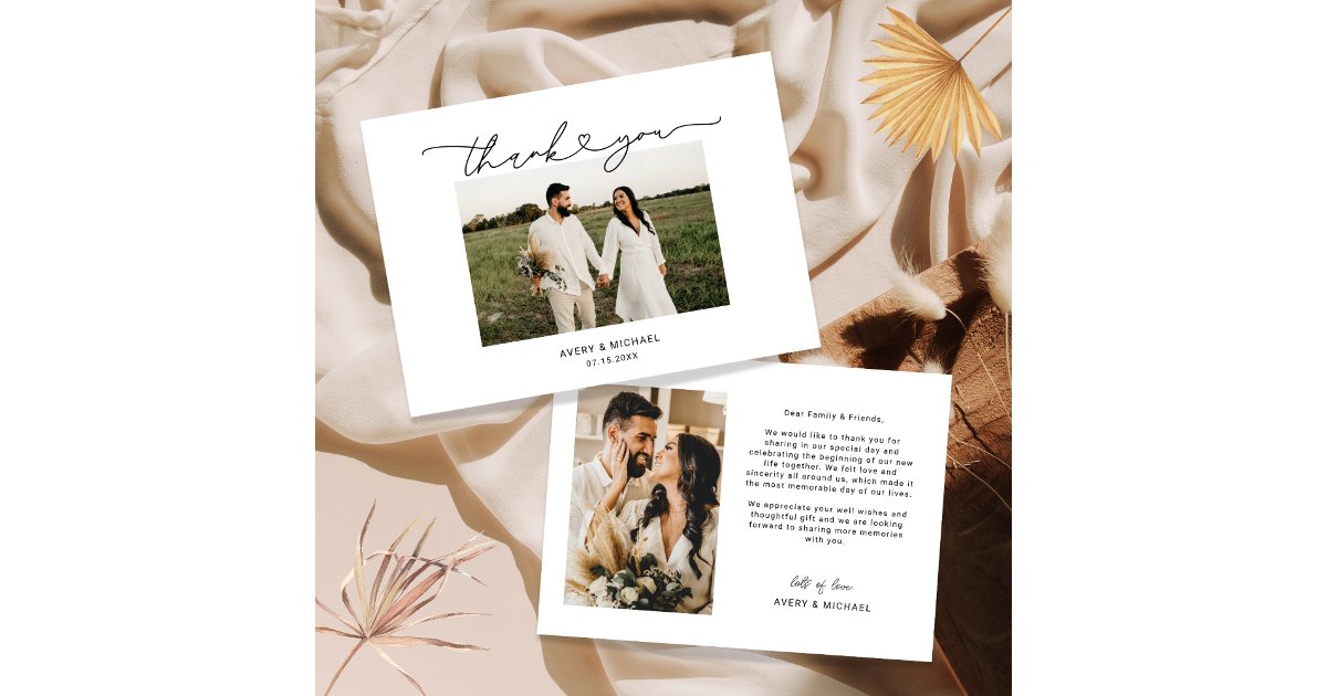 Simple Elegant Love Heart Script Wedding Photo Thank You Card | Zazzle