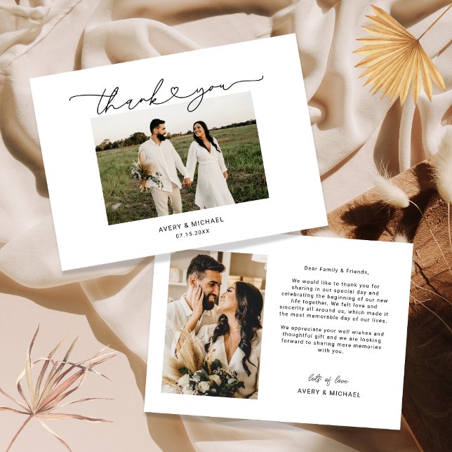 Simple Elegant Love Heart Script Wedding Photo Thank You Card (Creator Uploaded)