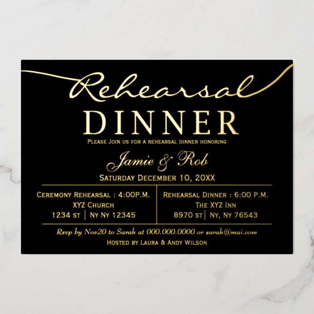 Simple Elegant Luxe Black Gold Rehearsal Dinner   Foil Invitation (Front)