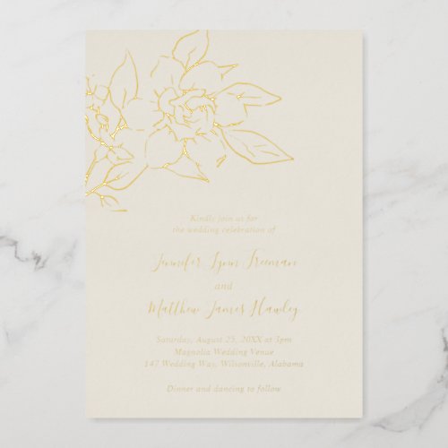 Simple Elegant Magnolia Floral Ivory Wedding Gold Foil Invitation
