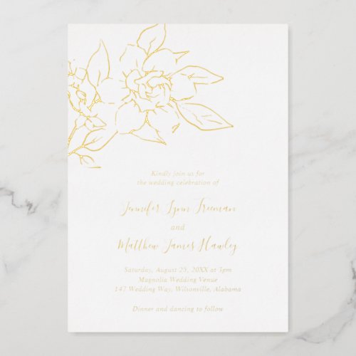 Simple Elegant Magnolia Floral Wedding Gold Foil Invitation