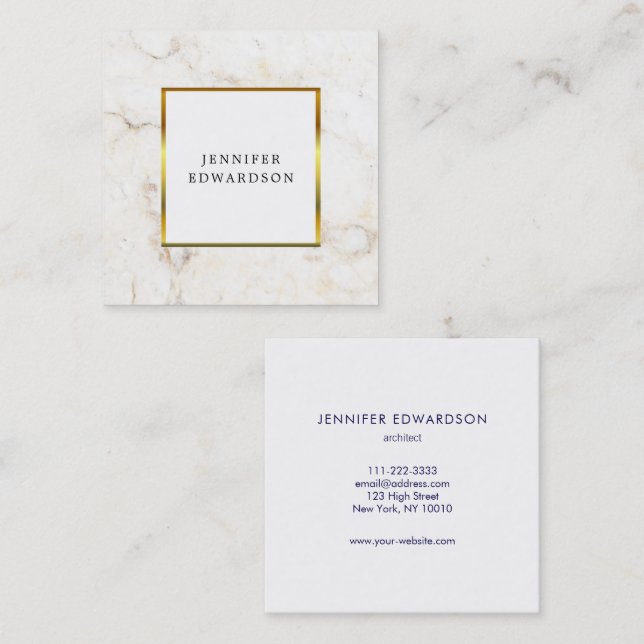 Simple elegant marble gold frame professional square business card (Front/Back)