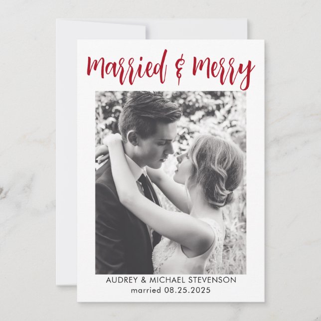 Simple Elegant Married and Merry Photo Holiday Card (Front)