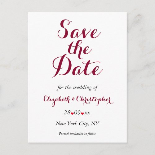 Simple Elegant Marsala White Wedding Save the Date Postcard