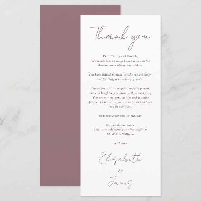 Simple Elegant Mauve Wedding Thank You Place Card (Front/Back)