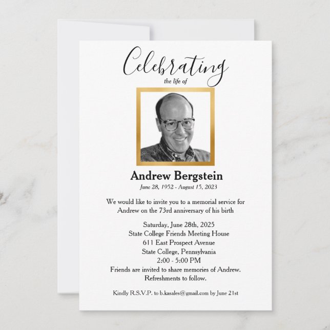 Simple Elegant Memorial Celebration Of Life Photo  Invitation (Front)
