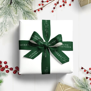 Simple Elegant Merry Christmas Family Name Green Satin Ribbon