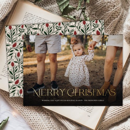 Simple Elegant Merry Christmas Floral Back  Foil Holiday Card