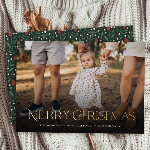 Simple Elegant Merry Christmas Floral Back  Foil Holiday Card