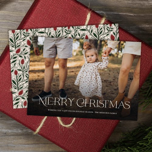 Simple Elegant Merry Christmas Floral Back  Holiday Card