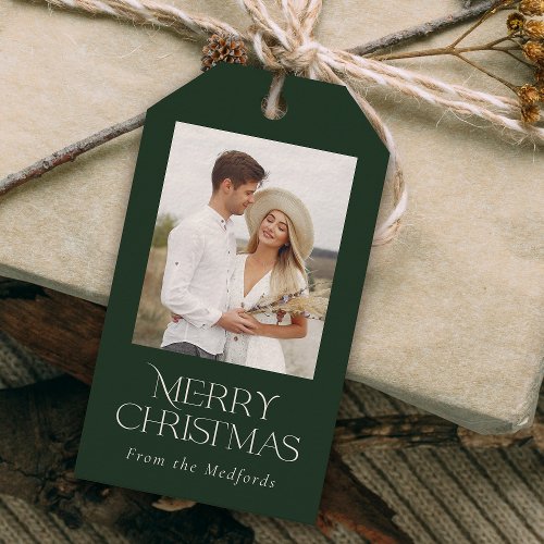 Simple Elegant Merry Christmas Photo Floral Back  Gift Tags