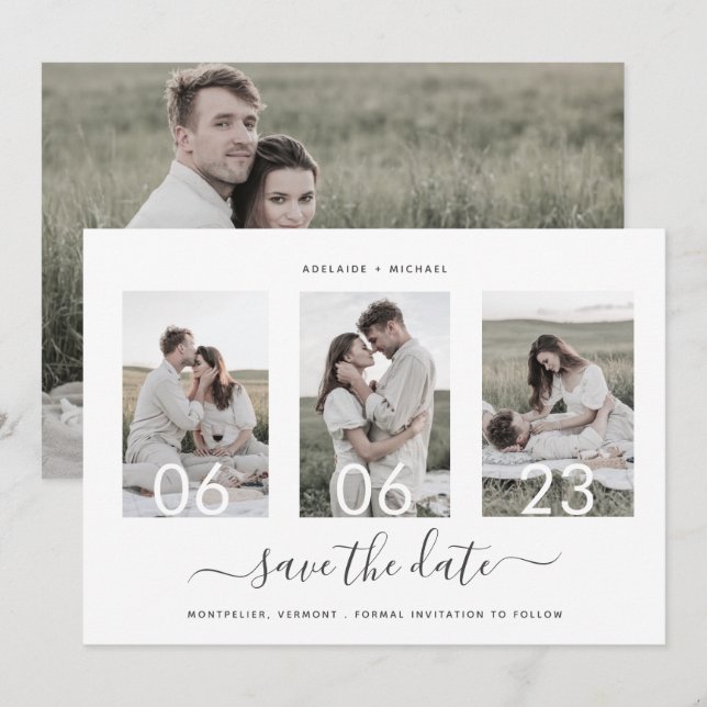 Simple Elegant Minimal 4 Photo Collage Wedding Save The Date (Front/Back)
