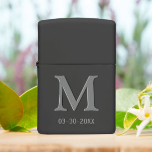 Simple Elegant Minimal Gray Monogram On Black Zippo Lighter