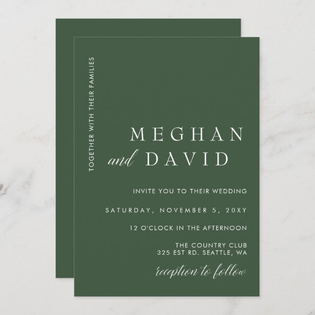 Simple Elegant Minimal Modern Green Wedding  Invitation (Front/Back)