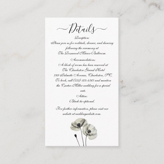 Simple Elegant Minimalism Black and White Poppies  Enclosure Card (Front)