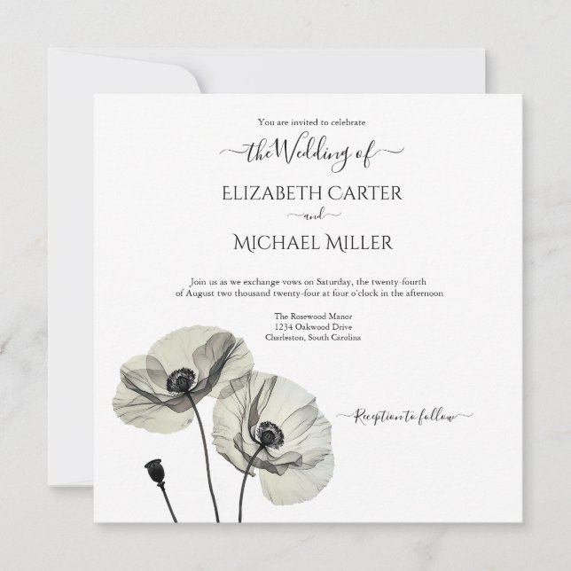 Simple Elegant Minimalism Black and White Poppies Invitation (Front)