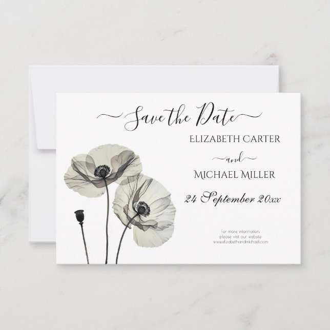 Simple Elegant Minimalism Black and White Poppies Save The Date (Front)