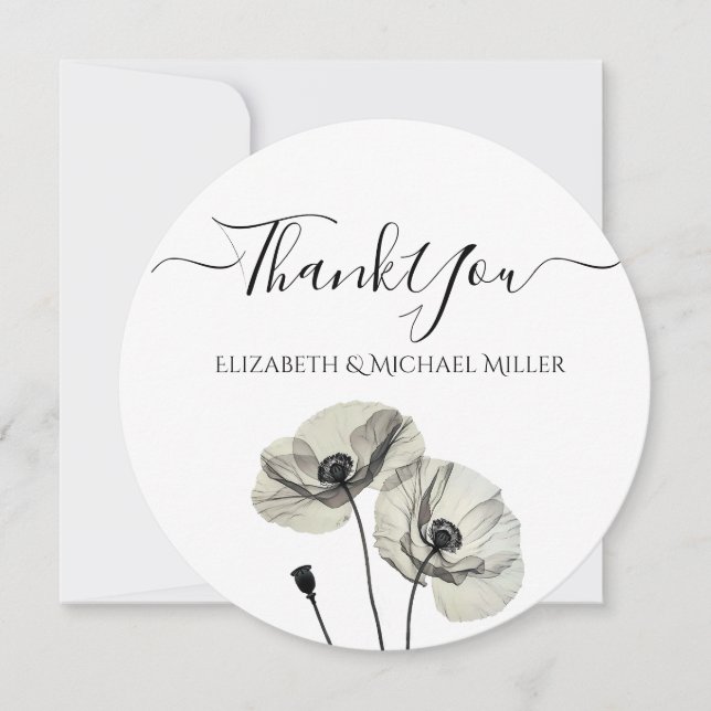 Simple Elegant Minimalism Black and White Poppies Thank You Card (Front)