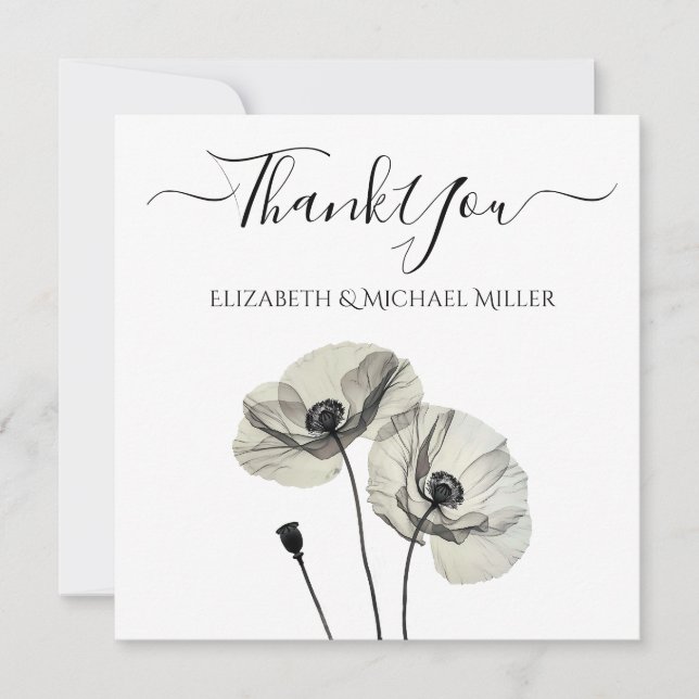 Simple Elegant Minimalism Black and White Poppies Thank You Card (Front)