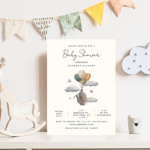 Simple  Elegant Minimalist Baby Sower Elephant  Invitation