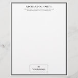 Simple Elegant Minimalist Black White With Logo Letterhead<br><div class="desc">Professional letterhead in white with black frames where you can add your name and contact information in elegant letters and,  at the bottom,  your logo.</div>