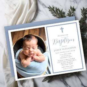 Simple Elegant Minimalist Blue Boy Photo Baptism Invitation