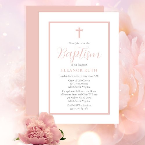 Simple Elegant Minimalist Blush Pink Girl Baptism Invitation
