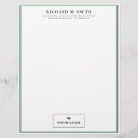 Simple Elegant Minimalist Green White With Logo Letterhead<br><div class="desc">Professional letterhead in white with green frames where you can add your name and contact information in elegant letters and,  at the bottom,  your logo.</div>