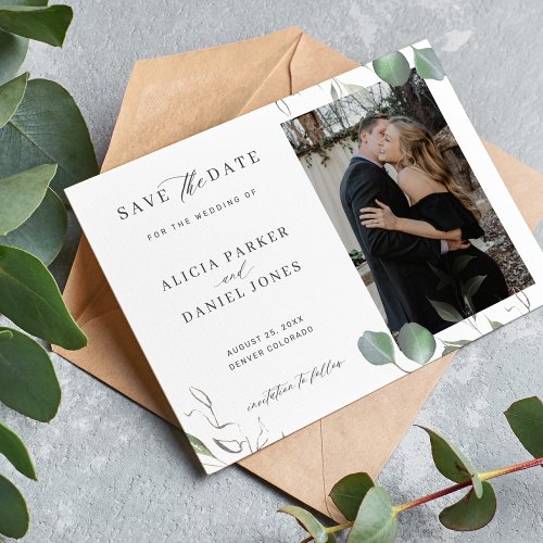 Simple elegant minimalist greenery photo wedding save the date
