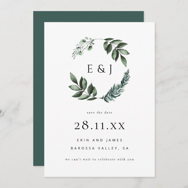 Simple Elegant Minimalist Greenery Wreath  Save Th Save The Date (Front/Back)