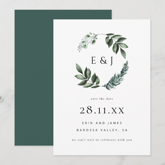 Simple Elegant Minimalist Greenery Wreath  Save Th The Date (Front/Back)